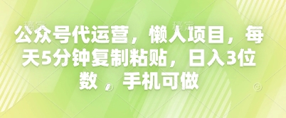 公众号代运营，懒人项目，每天5分钟复制粘贴，日入3位数 ，手机可做-蓝天网创